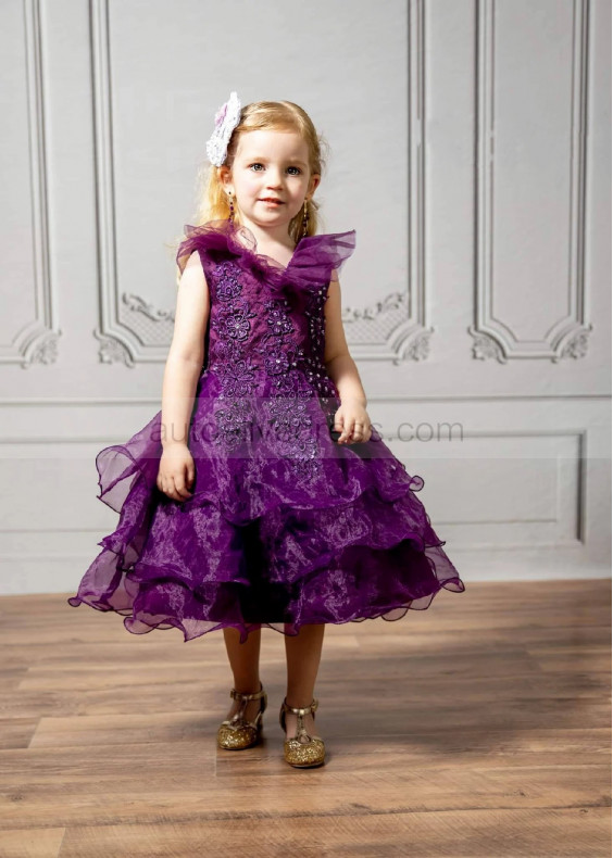 Beaded Purple Lace Organza Flower Girl Dress Party Dress